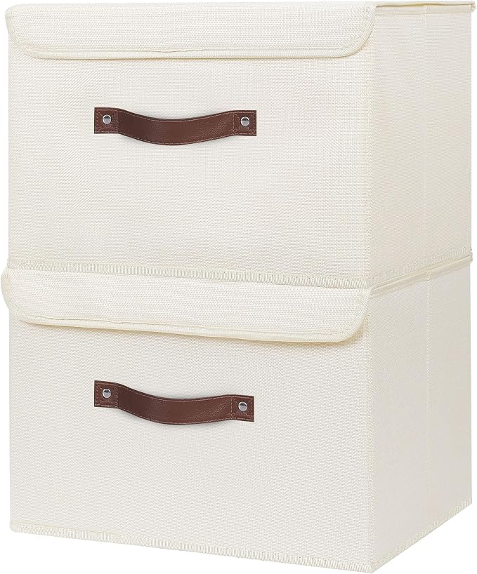 ANMINY 2PCS Storage Bins with Lid PU Leather Handles Storage Boxes PP Plastic Board Decorative Foldable Lidded Cotton Linen Fabric Home Cubes Baskets Closet Organizer Containers - Beige, Large Size - Image 2