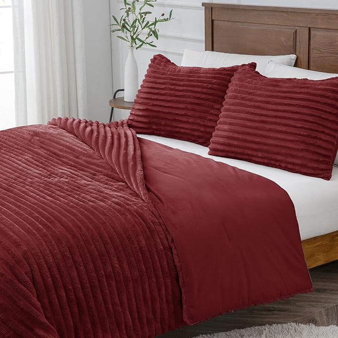 BEDELITE Fleece Full Comforter Set -Super Soft & Warm Fluffy Burgundy Bedding, Luxury Fuzzy Heavy Bed Set for Winter with 2 Pillow Cases