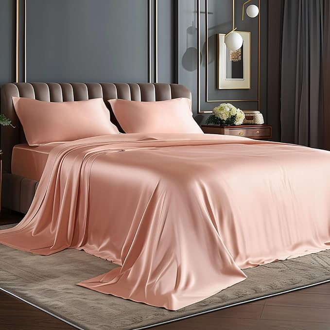BEDELITE California King Sheets Set, Luxury Soft Coral Pink Satin Sheets for Hair and Skin, Similar to Silk Bed Sheets Set 4 Pieces with 1 Deep Pocket Fitted Sheet, 1 Flat Sheet, and 2 Pillowcases