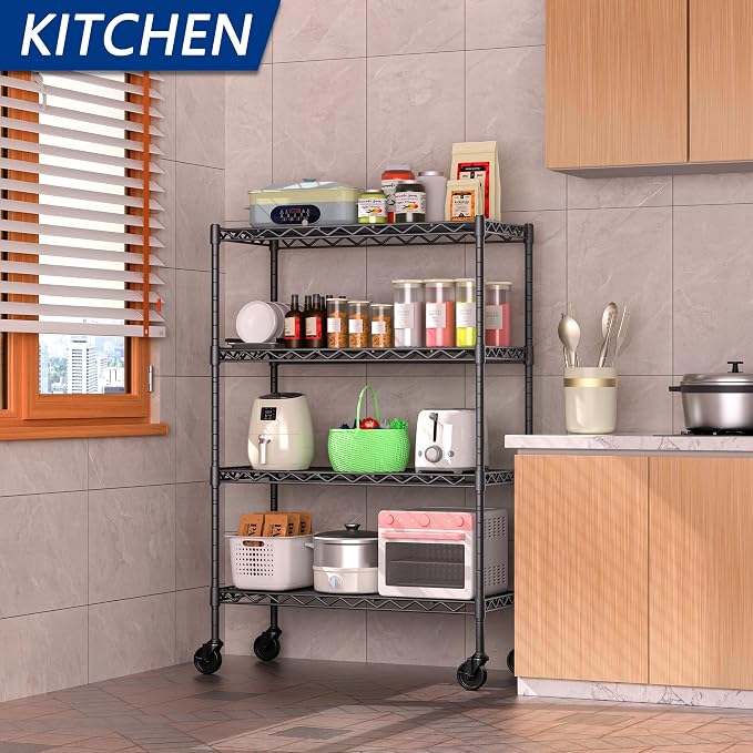 Soywey 4-Shelf Adjustable Heavy Duty Storage Shelving Unit on 4 Wheel Casters, Metal Organizer Wire Rack for Laundry Bathroom Kitchen Pantry Closet, Black - Image 2
