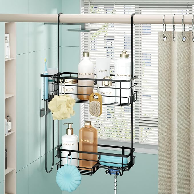 HapiRm Hanging Shower Caddy Organizer - No Drilling Shower Shelves with Hooks and Toothbrush Holder, Rustproof 304 Stainless Steel Bathroom Organizer - Black - Image 7