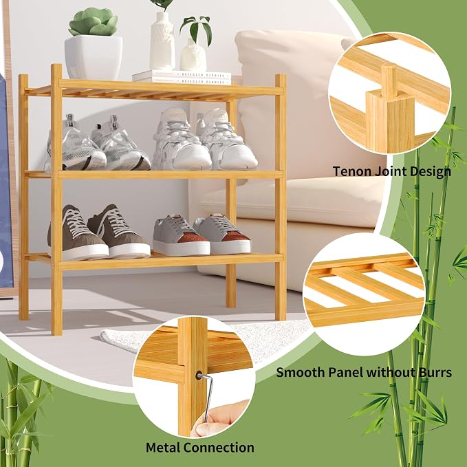 ROMGUAR CRAFT 3-Tier Bamboo Small Shoe Rack, Free Standing Wood Shoe Shelf Storage Organizer for Closet Entryway Stackable (Natural) - Image 5
