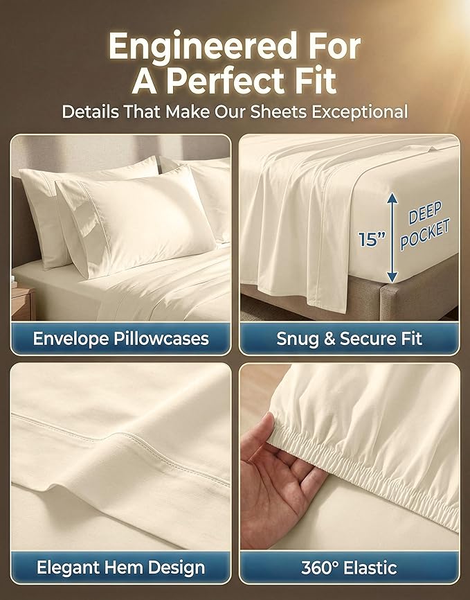 LANE LINEN 100% Cotton Full Size Sheet & Pillowcase Sets - 600TC Sateen Weave - Extra Soft & Comfortable Bedding for Everyday Use - Snugly Fits Mattress Upto 15'' Deep - Oeko TEX Certified - Ivory