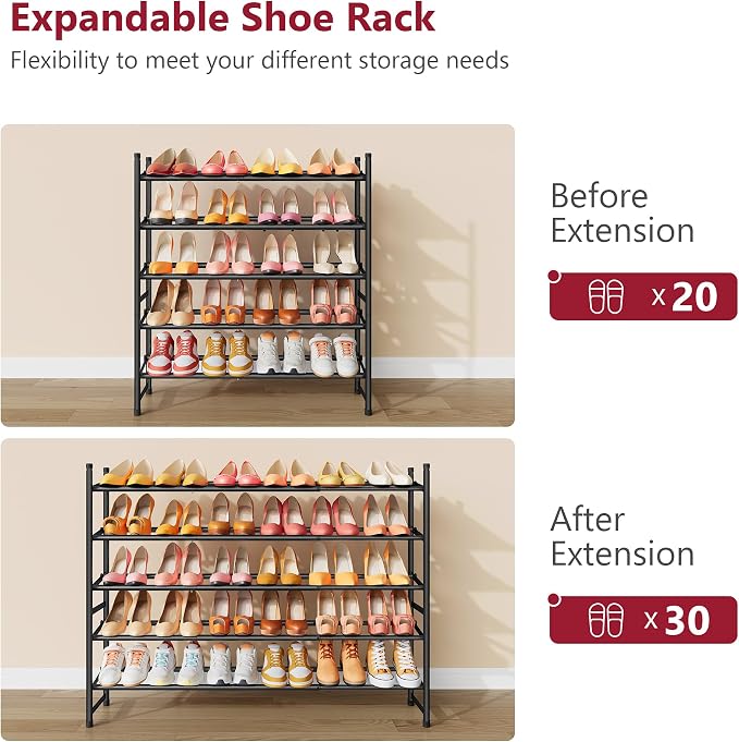 Tajsoon Expandable Shoe Rack for Closet 5 Tier, 29“-41“Adjustable & Stackable Shoe Shelf Storage, Metal Shoe Rack Organizer for Front Door Entrance, Closet, Garage, Entryway, Black - Image 5