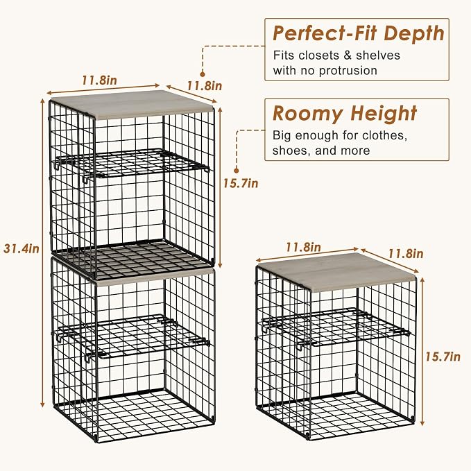 4-Tier Stackable Closet Organizers and Storage, Adjustable Dividers & Wood Top Storage Shelves for Clothes, Wardrobe & Closet Storage Basket Bins/Cube, Space-Saving Closet Organizer System, Black - Image 3