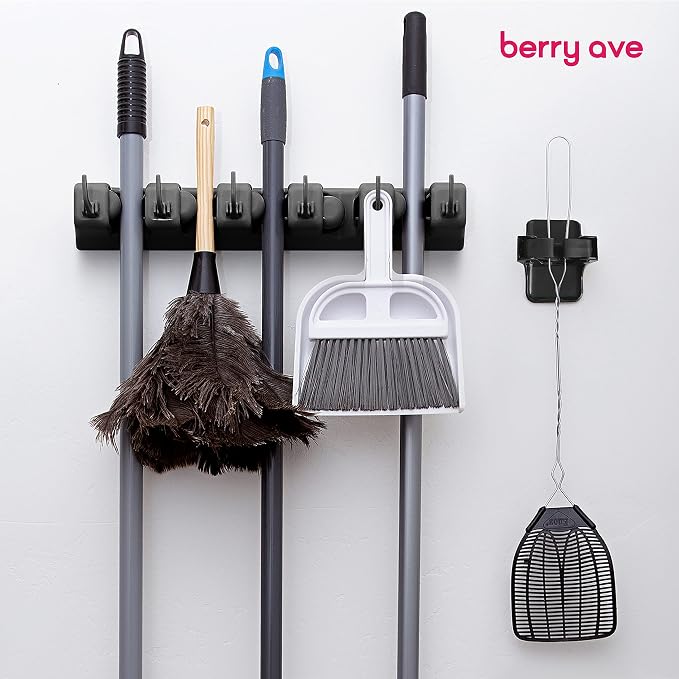 Combo 5 Slot Broom Holder w/ 1 Self Adhesive Mop Gripper No-Drilling, Wall Mount Tool Organizers For Kitchen, Garage, Laundry Room- Anti-Slip Hanger For Brooms, Mops, Rakes, Dustpans (Black / Black) - Image 9
