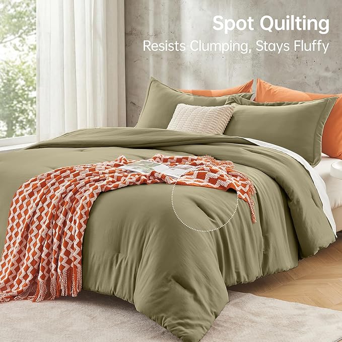 MUXHOMO King Size Comforter Set, All Season Ultra Soft Down Alternative Bedding - 3 Piece Lightweight Bed Set Includes 1 Comforter (104"x90") and 2 Pillow Shams (20"x36"), Olive Green