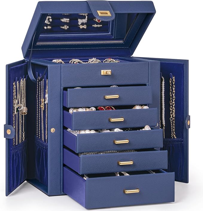 AKOZLIN 6-Tier Jewelry Box Organizer Functional 5 Drawers Leather Jewelry Storage Case for Women Girls Ring Necklace Earring Bracelet Holder Organizer with Mirror Blue by AKOZLIN
