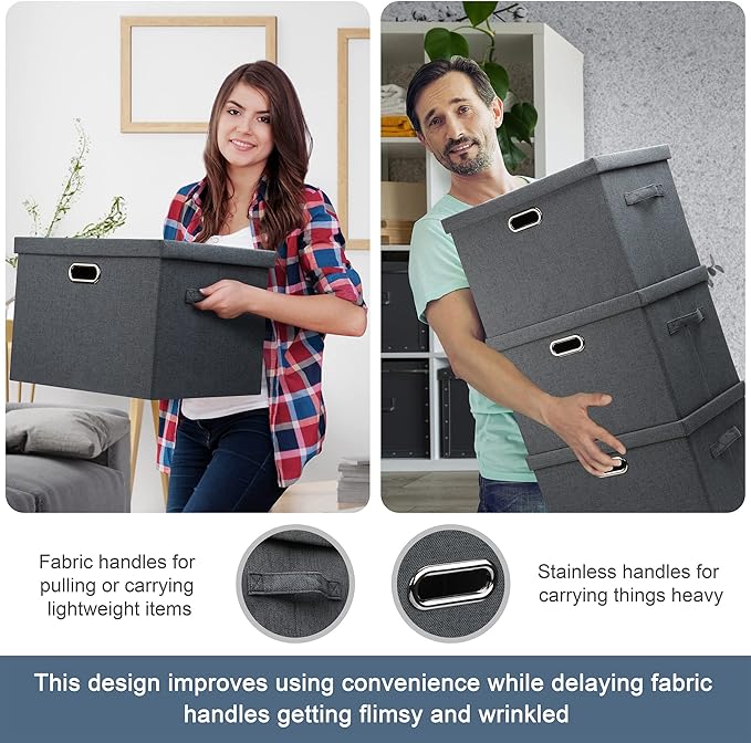 Graciadeco Large 17" 36 Quart Collapsible Stackable Storage Bins with Lids, 5 Packs Dark Gray Foldable Fabric Closet Storage Boxes with Lids Heavy-duty Linen Cube Baskets(17 x 12 x 11) - Image 5