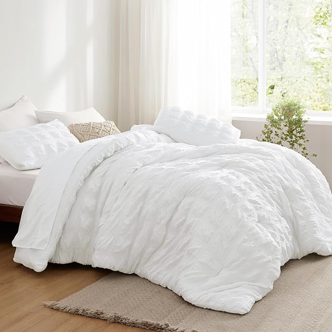 Bedsure Bed in a Bag Twin XL - 5 Pieces Plaid Seersucker Bedding Comforter Sets, Soft Lightweight White Boho Bed Set with Comforters Twin XL Size, Sheets, Pillowcase & Sham
