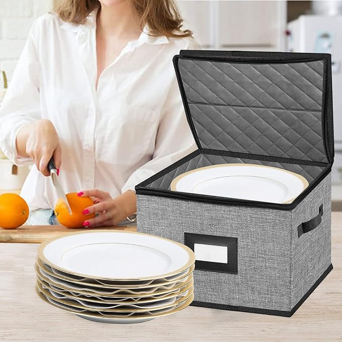 China Storage Containers-Quilted Dish Storage Containers with Lid Hard Shell for Moving Transport, Dinnerware Storage,Stackable Plate Storage,24 Felt Plate Dividers Included,2PACK 12*12*8in - Image 7