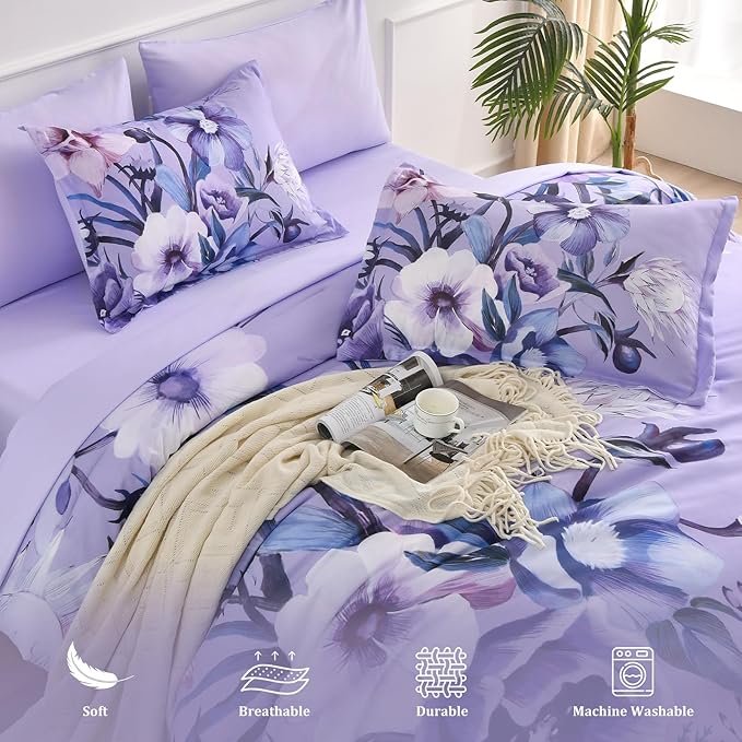 Luxudecor Lavender Purple Floral Comforter Set King Size 7 Piece, Flower Bed in a Bag, Elegant Comforter Bedding Set for All Season (Lavender, 104"x90")