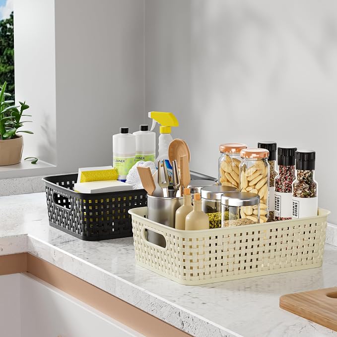 FUCDTEFC Black Plastic Basket, 8 Pack Home Organization and Storage Baskets with Handles, Space Saving Woven Organizer Bins Plastic Storage Basket for Organizing Cabinets,Closets, Shelves, Countertops - Image 7