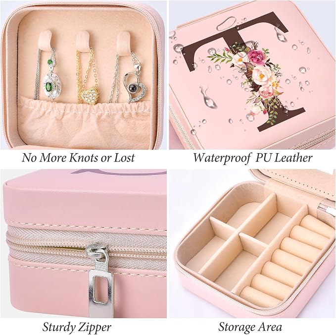 Inngeroo Mom Gifts for Women from Daughter Son, Travel Jewelry Case Box Organizer Personalized Gifts for Mom Wife Women, Gift for Friend Sister Grandma Aunt, Initial T - Image 3