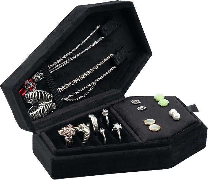 Velvet Coffin Jewelry Travel Case Holder for Gothic Wedding Ceremony Jewelry Organizer Decoration (Black 4 Grid) - Image 5