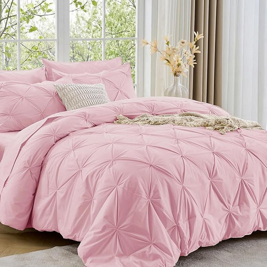 Sasttie California King Comforter Set, 7-Piece Bed in a Bag, Pintuck Bedding Sets for All Season, Includes Comforter, Flat Sheet, Fitted Sheet, Pillowcases and Pillowshams, Baby Pink