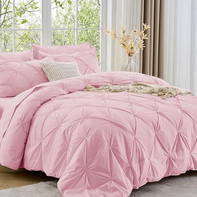 Sasttie Twin XL Comforter Set, 5-Piece Bed in a Bag, Pintuck Bedding Set for All Season, Includes Comforter, Flat Sheet, Fitted Sheet, Pillowcase and Pillowsham, Baby Pink