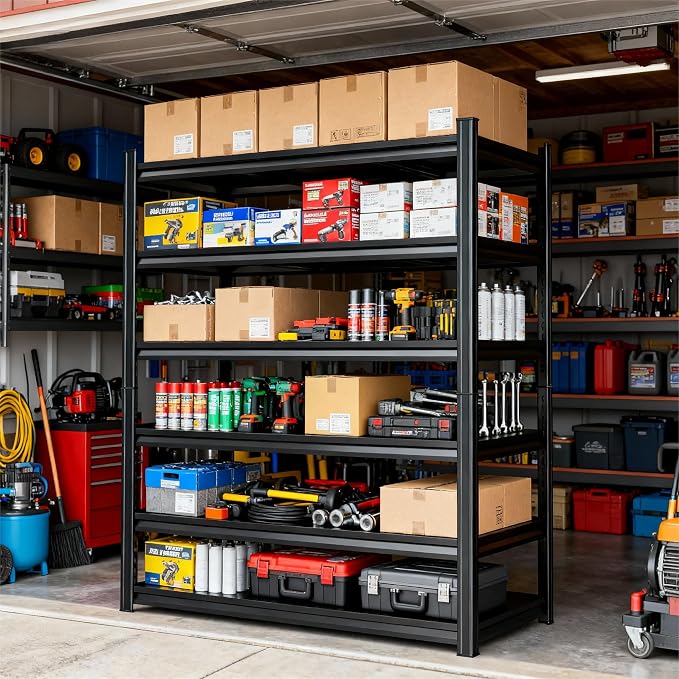 Garage Shelves, 14-48''W Heavy-Duty Storage Shelves, Double-Layer Uprights, Thickened Shelves, Waterproof &Rustproof, Suitable for Indoor & Outdoor Use, Black, 6TIER 36W*16D*77H by Beaunatixx