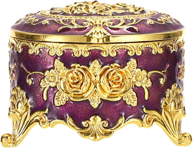 Hipiwe Vintage Jewelry Box Small Trinket Storage Organizer Box Gold Metal Chest Ring Case Treasure Chest Round Keepsake Boxes for Earrings Necklace Gift for Women,Purple - Image 9