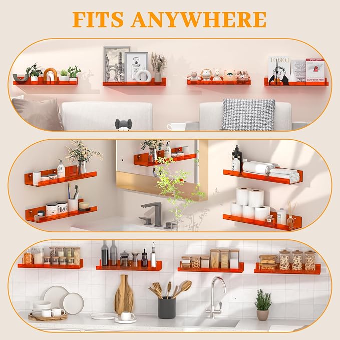 LAZYROSY 2 Pack Floating Shelves– 15'' Orange Acrylic/PET Wall-Mounted No Drill Storage with Adhesive, Bathroom & Bedroom Shelving for Kitchen, Living Room, Home Decor - Image 6