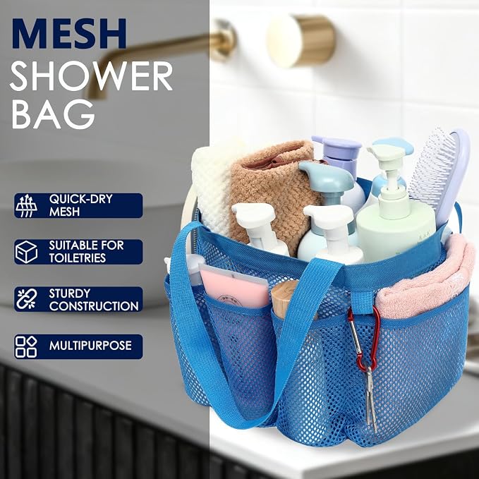 GYEUKHAM Large Mesh Shower Caddy Portable with 8-Pocket for College Dorm Room Essentials,Quick-Dry Handing Shower Basket Tote Bag for Toiletry, Bathroom,Beach,Camp,Gym,Blue - Image 2