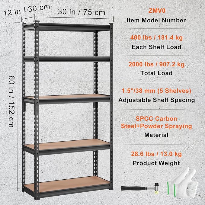 VEVOR Storage Shelving Unit, 5-Tier Adjustable, 2000 lbs Capacity, Heavy Duty Garage Shelves Metal Organizer Utility Rack, Black, 30" L x 12" W x 60" H for Kitchen Pantry Basement Bathroom Laundry - Image 3
