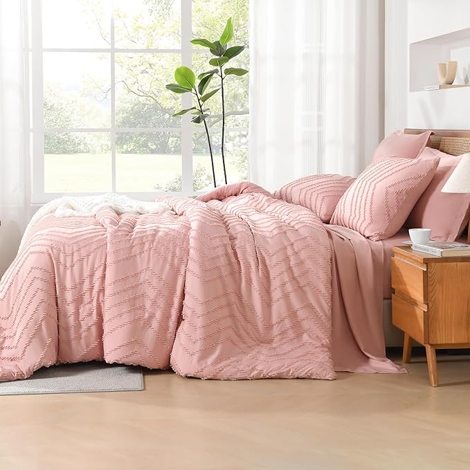 Litanika Blush Pink Queen Size Comforter Set with Sheets - 7 Pieces Bed in a Bag Queen Boho Tufted Complete Bedding Sets with Comforter, Sheets, Pillowcases & Shams