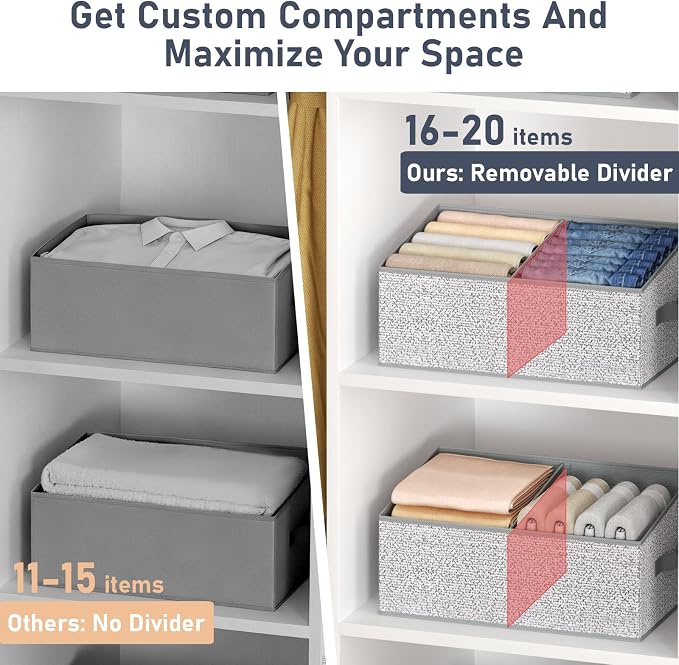 DIMJ Large Closet Shelf Organizer Bins 6 Packs with Handles and Divider, Fabric Trapezoid Storage Baskets, Foldable Clothes Containers Box for Shelf, Towel, Book, Toy, Purse, Hats, Grey - Image 3