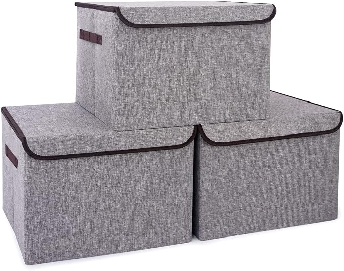 Bagnizer Large 17" 42 Quarts Collapsible Stackable Storage Bins with Lids [3-Pack] Foldable Fabric Linen Storage Boxes Cube, Closet Organizer Baskets with Label for Home (16.7 x 12 x 12, Gray) by Bagnizer
