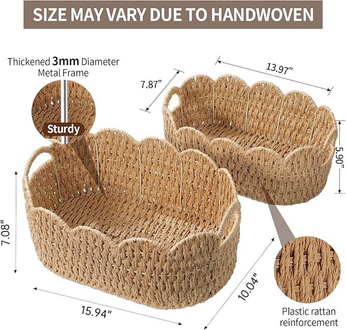 Coeusy Paper Rope Scalloped Basket Set of 2,Woven Storage Baskets for Shelves,Laundry,Towels,Clothes,Books,Toys,Cute Decor Baskets for Organizing,Natural Color - Image 4