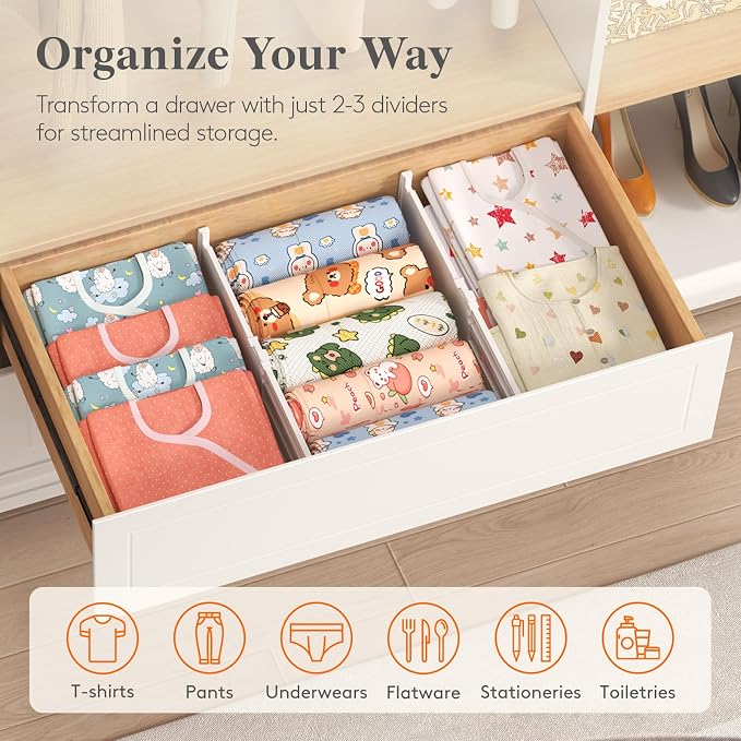Lifewit 5" Tall 12 Pack Drawer Dividers, 30-47cm/11.5-18.5" Expandable Drawer Divider for Clothes, Adjustable Dresser Drawer Organizers, Drawers Separators for Dresser/Bathroom/Closet/Kitchen White - Image 10