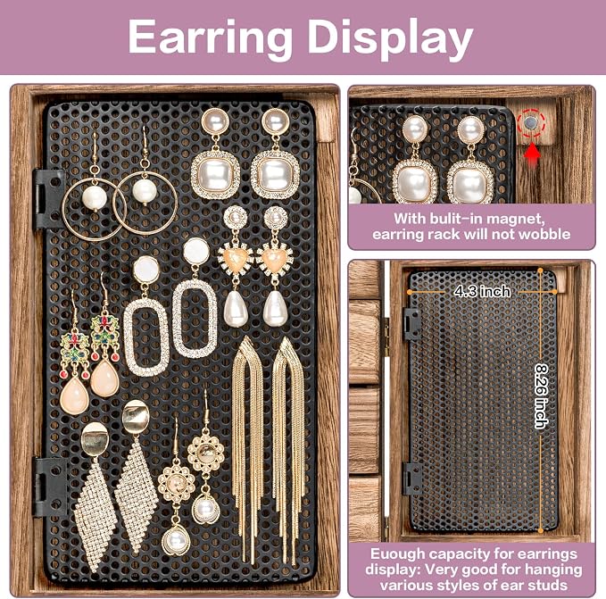 Meangood Jewelry Box Wood for Women, 5-Layer Large Organizer Box with Mirror & 4 Drawers for Rings, Earrings, Necklaces, Vintage Style, Torched Wood - Image 3