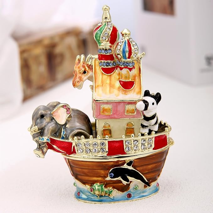 Hand Painted Animal Trinket Box for Home Decor, Hinged Jewelry Organizer Storage, Unique Personalized Collectible Keepsake Figurine Handmade Decorative Ornament Gifts (Noah's Ark) - Image 4