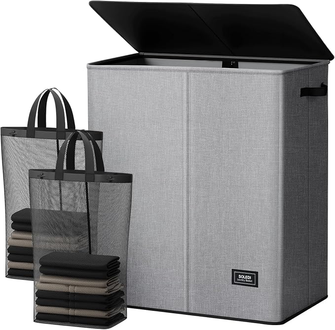 SOLEDI Double Laundry Basket with Lid and Removable bag, Large Laundry Hamper 2 Section with handles, Collapsible Dirty Clothes Hampers for Laundry, Bedroom, Dorm, College by SOLEDI