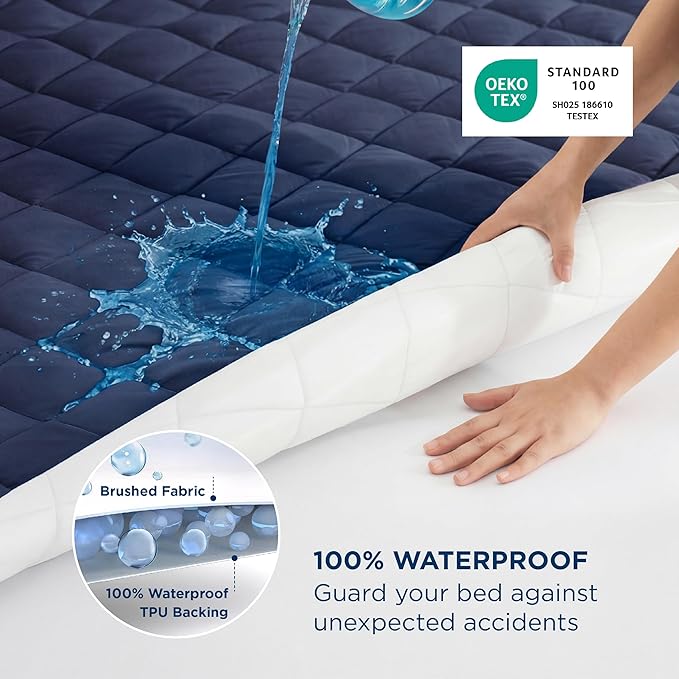 Bedsure King Mattress Protector, Quilted Waterproof Mattress Pad with Deep Pocket up to 22 Inches, Soft Breathable Noiseless Bed Cover, Topper Bed King White for Home, Bedroom, Hotel - Navy Blue