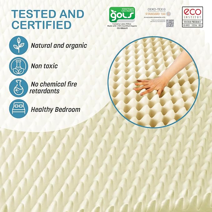 Turmerry Green Natural Organic Egg Crate Latex Mattress Topper Twin Size - Medium Firm - GOLS Certified Organic Convoluted Latex Foam - Pressure Point Back Pain Relief Sleeps Cool Breathable Bed Pad