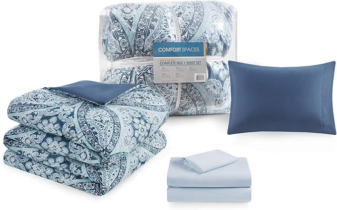 Comfort Spaces Bed in A Bag - Trendy Casual Design Cozy Comforter with Complete Sheet Set with Side Pocket, All Season Cover, Matching Shams, Twin(66"x90"), Gloria, Damask Blue 6 Piece