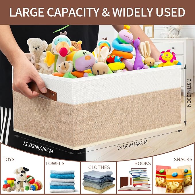Closet Organizer Bins 3 Pack, Large Storage Bins for Shelves, Foldable Closet Storage Boxes Baskets with Leather Handles for Organizing Clothes, Sheets, Jeans, Toys, Books（Begie） - Image 3