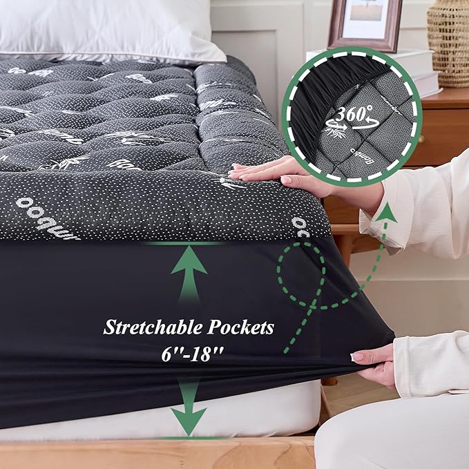 King Mattress Topper, Viscose Derived from Bamboo Thick Pillow Top Mattress Pad with Deep Pocket, Naturally Cooling for Hot Sleepers, Soft for Back Pain Relief, Dark Gray