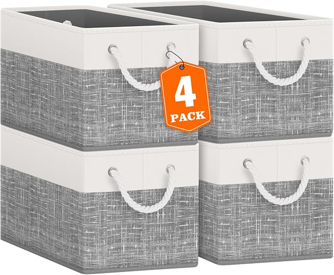 Fab totes Storage Bins [4-Pack], Foldable Storage Baskets for Organizing Toys, Books, Shelves, Closet, Large Storage Box with Rope Handles, Sturdy Organizer Bins, White & Grey by Fabtotes