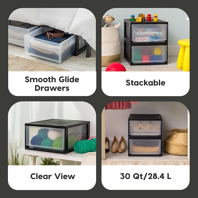 IRIS USA 30 Qt. Plastic Drawer Storage Organizer Stacking Drawers, 2-Pack, Stackable Unit with Sliding Drawer for Clothes Bedroom Kitchen Under Sink Pantry Craft Room Bathroom Dorm Office, Black - Image 6