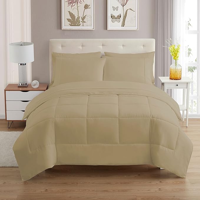 Sweet Home Collection 7 Piece Comforter Set Bag Solid Color All Season Soft Down Alternative Blanket & Luxurious Microfiber Bed Sheets, Taupe, Twin XL
