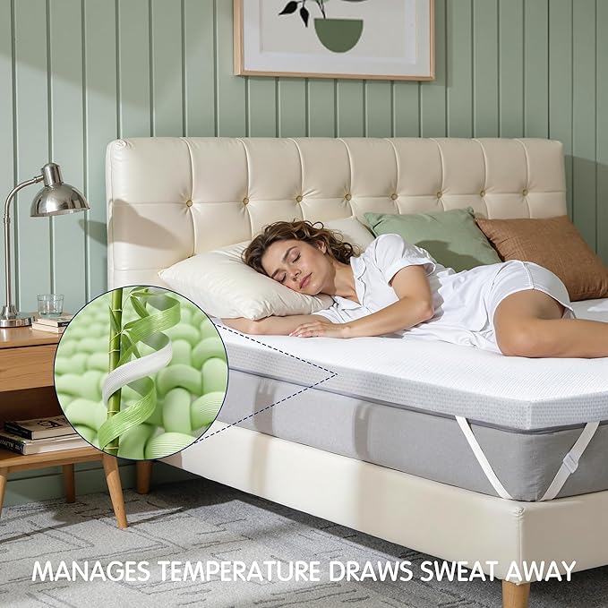 Subrtex 3 Inch Mattress Topper Cover (Only Cover) Mattress Topper Protector Bedding Rayon Made from Bamboo Removable Mattress Encasement with Zippers, Queen