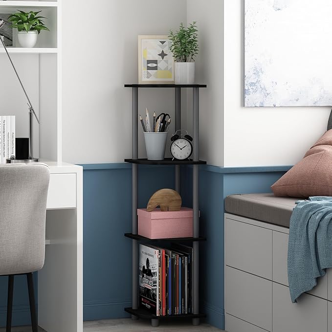Furinno Turn-N-Tube Corner Shelf, 4-Tier Corner Bookshelf, Display Storage Shelves with Open Shelves, for Organization and Storage, Living Room, Home Office, Garage, Black by Furinno-FitsYourSpaceFitsYourBudget