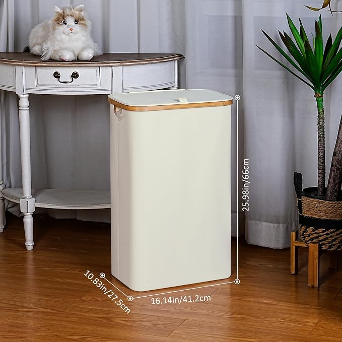 iEGrow Slim Laundry Hamper,75L Beige Narrow Laundry Basket with Lid,Foldable Clothes Hamper with Bamboo Handles,Hamper Basket with Removable Inner Bag for Laundry Room Bedroom College Dorm - Image 2