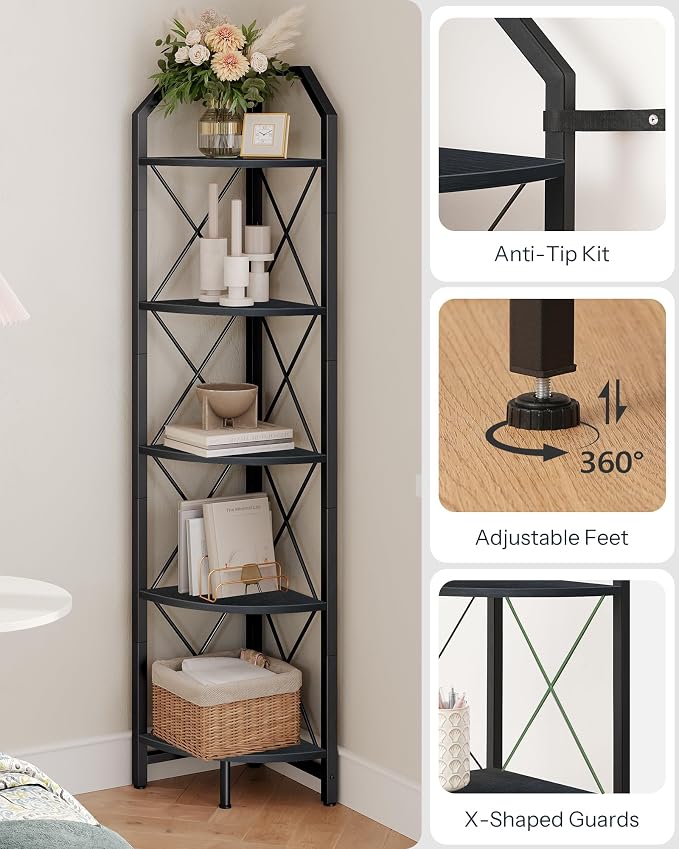 CHOEZON 5-Tier Corner Shelf, Industrial Corner Bookshelf, 59.4" Corner Storage Stand, Plant Stand Display Shelf, Corner Bookcase for Bedroom, Living Room, Home Office, Black TCJ10BB - Image 4