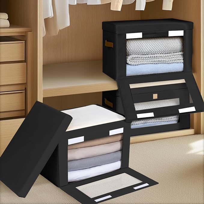 Homsorout Collapsible Storage Bins - Large Stackable Organizer Bins, Decorative Boxes with Handles & Window, Fabric Containers for Living Room, Closet, Dorm, 4 Pack, Black - Image 4