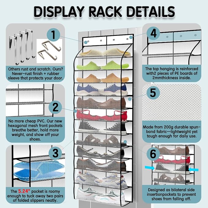 Kotkn Over The Door Shoe Organizer with 12 Large Breathable Pockets - Durable Hanging Storage for the Entire Family's Shoes (White) - Image 3