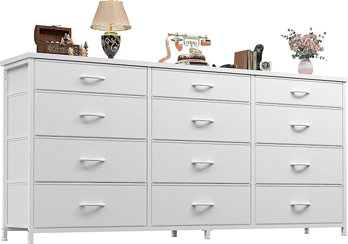 Romorgniz 55" Long Dresser for Bedroom with 12 Fabric Drawers, Entertainment Center for 60 inch TV Dressers & Chests of Drawers Large Organizer, Living Room, Metal Frame, Wood Top, White