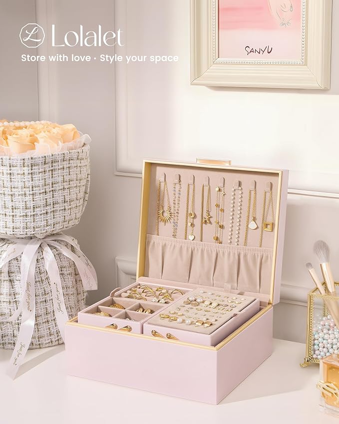 Lolalet Jewelry Box Organizer for Women Girls, 2 Layer Jewelry Organizers and Storage for Necklace Earrings Rings Bracelets, Large Jewellery Holder Case Birthday Mothers Day Gifts -Pink - Image 5